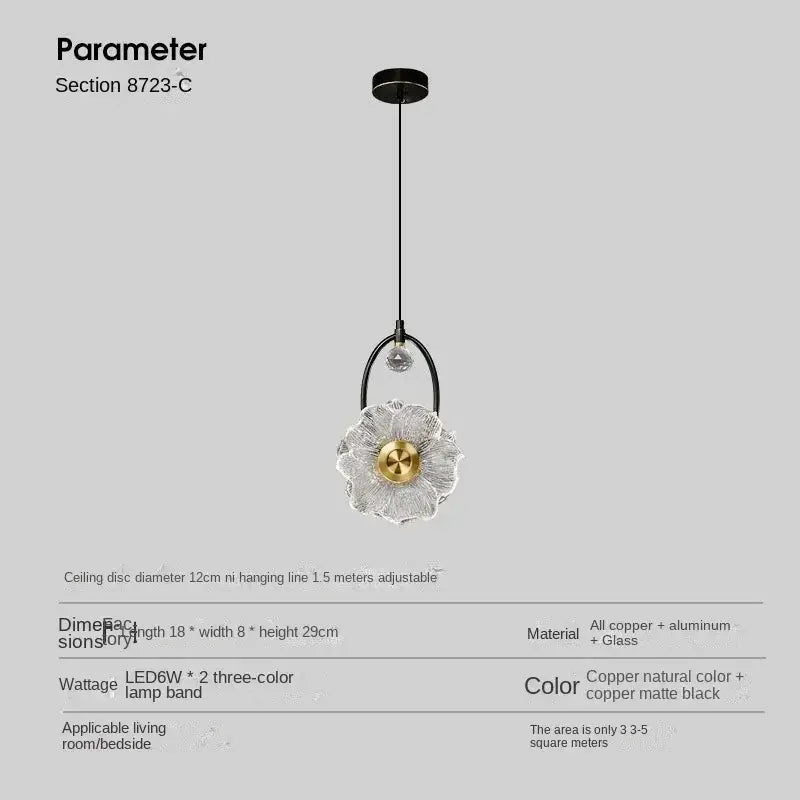 Modern gold and black led glass wall lamp with a flower-shaped clear glass pendant and brass center for bedroom decorbites led glass