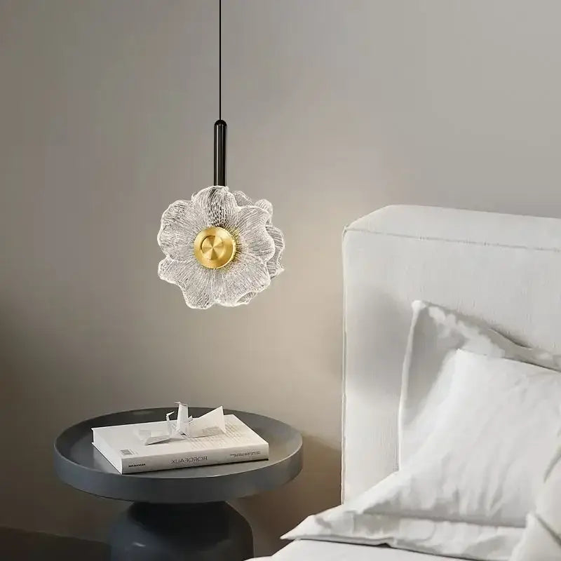 Modern gold and black led glass wall lamp with translucent petal design and golden center for bedroom decorbites led glass