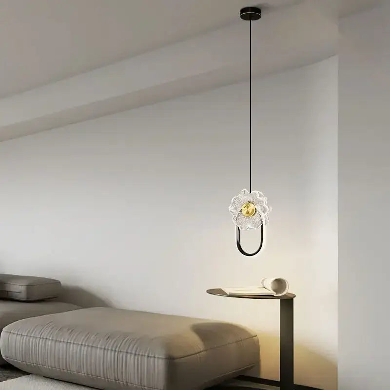 Modern gold and black led glass wall lamp features a delicate transparent glass pendant with decorbites led glass design