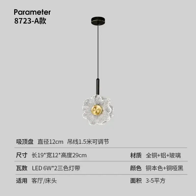 Modern gold and black led glass wall lamp with a flower-shaped clear glass pendant and brass center by decorbites led glass