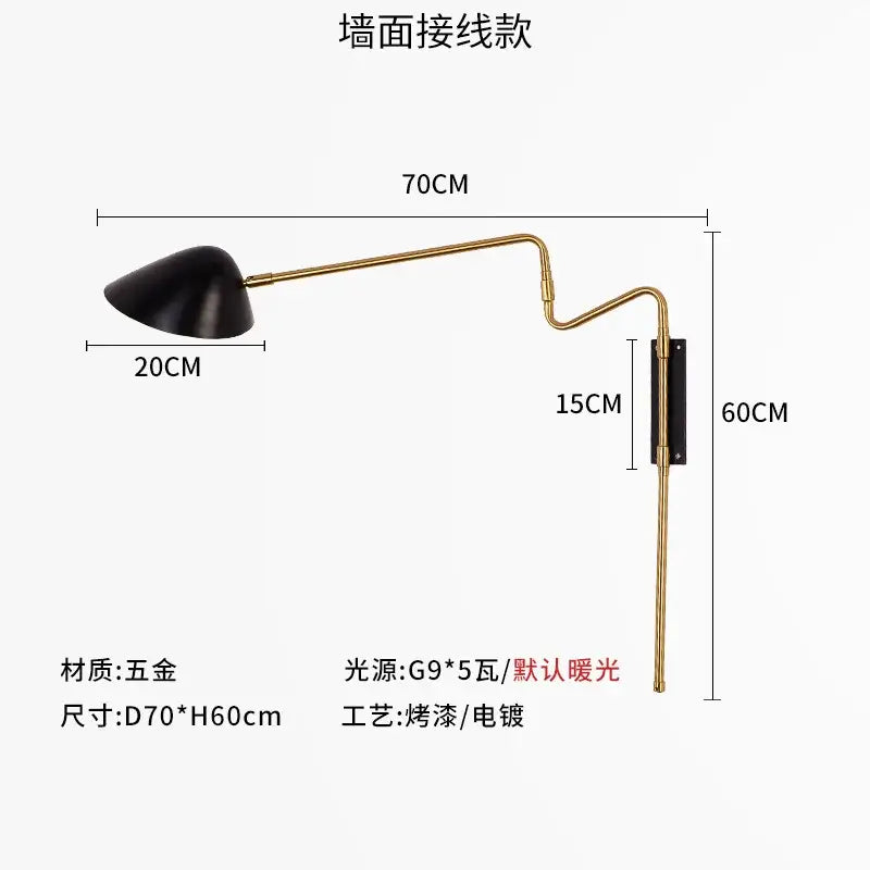 Modern gold and black led wall lamp with a black conical shade on a curved brass arm for adjustable bedroom lighting