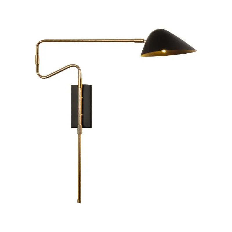 Modern gold and black led wall lamp with conical lampshade and brass arm for adjustable bedroom lighting