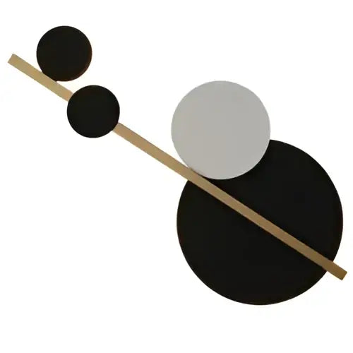 Modern gold and black led wall lamp featuring minimalist wooden stick with black and white discs for bedroom sconce use