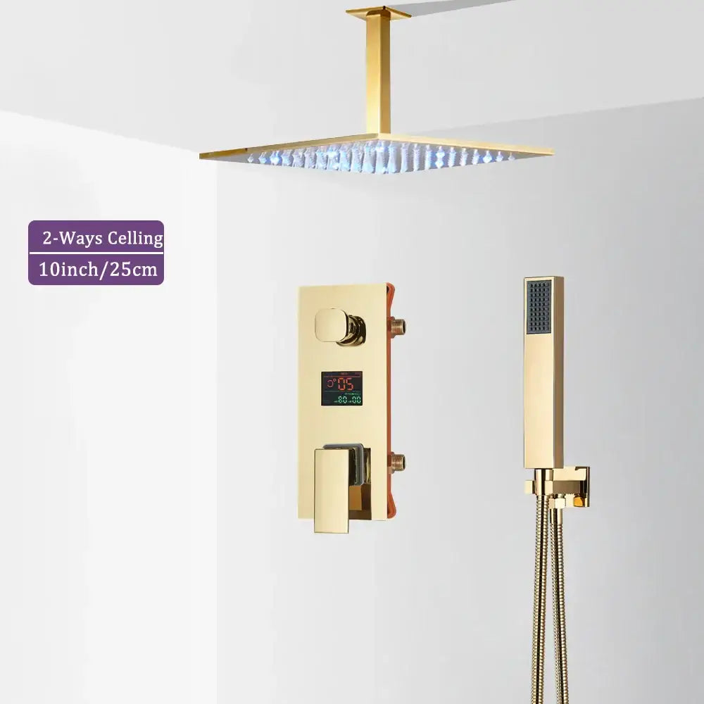 Modern gold and black shower faucet set featuring a gold-finished square ceiling shower head with integrated led lighting