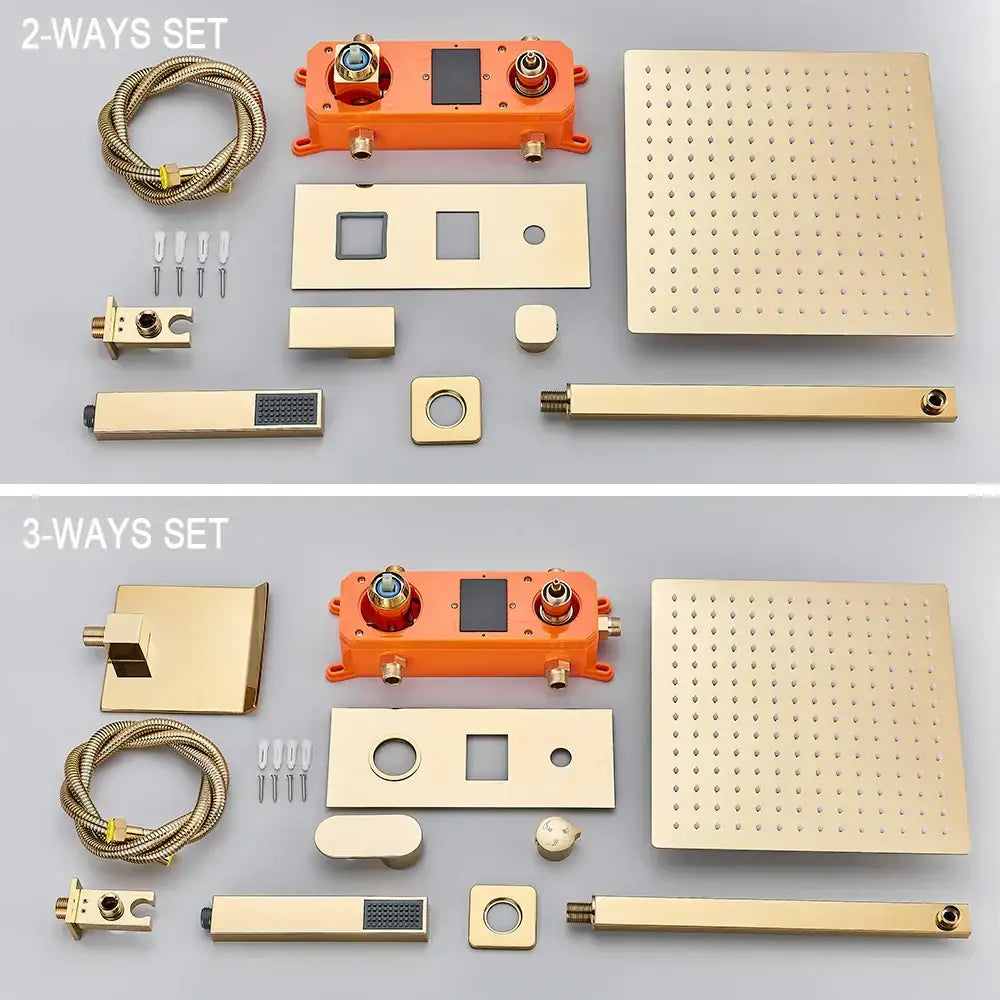 Modern gold and black shower faucet set featuring a gold-finished perforated showerhead and matching brass faucet set