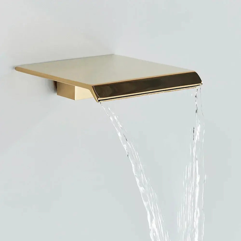 Modern gold and black shower faucet set featuring a gold-toned square waterfall faucet with polished metallic finish
