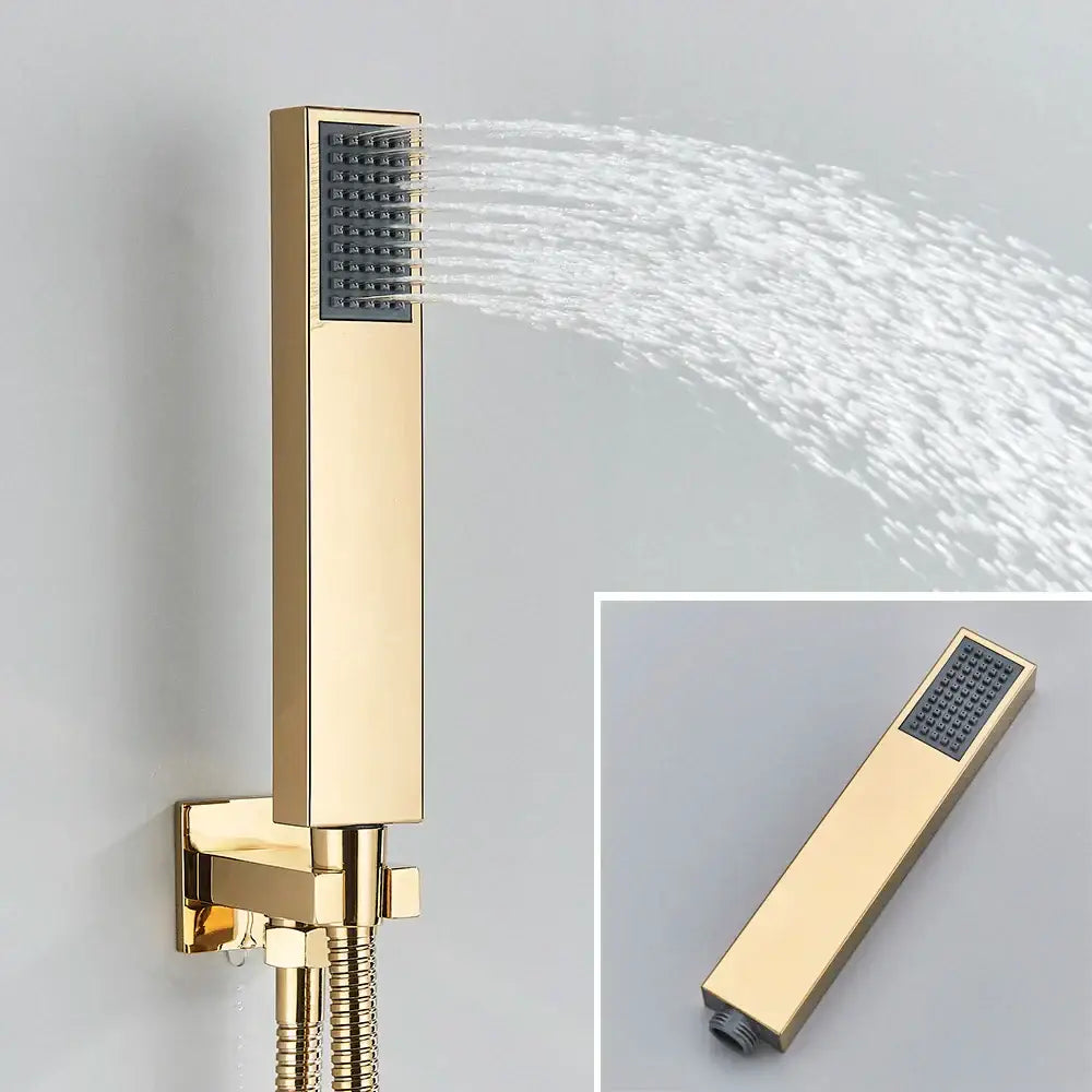 Modern gold and black shower faucet set featuring a gold rectangular rainfall showerhead with a black textured spray face