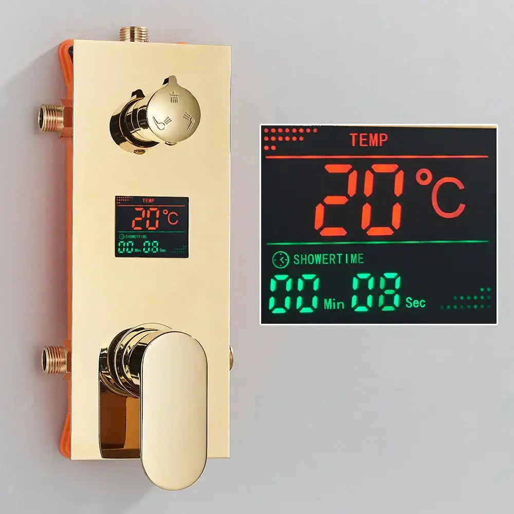Modern gold and black shower faucet set with gold-finished digital temperature and timer control panel with led displays