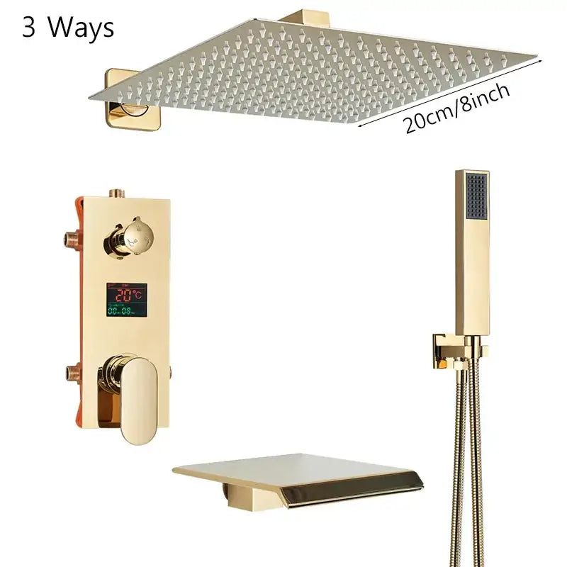 Modern gold and black shower faucet set featuring a 20cm gold-finished square rain shower head with multiple nozzles