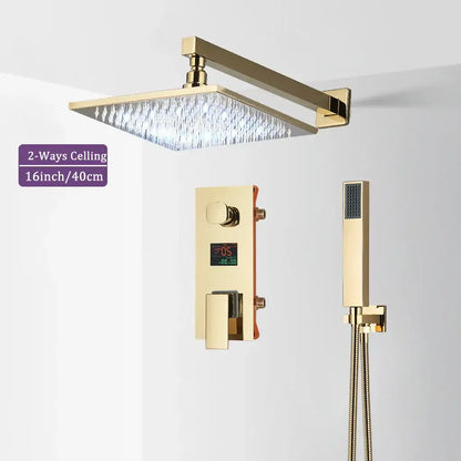 Modern gold and black shower faucet set with 16-inch gold rainfall showerhead and led handheld shower unit