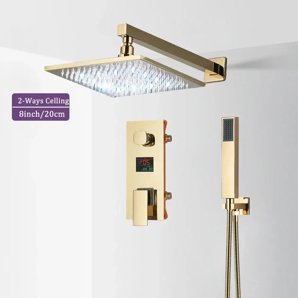 Modern gold and black shower faucet set with gold-finished square rain shower head and integrated led lighting and digital control panel