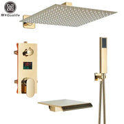 Gold finished square rain shower head with textured perforated surface in modern gold and black shower faucet set bathroom display