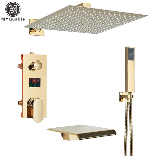 Gold finished square rain shower head with textured perforated surface in modern gold and black shower faucet set bathroom display