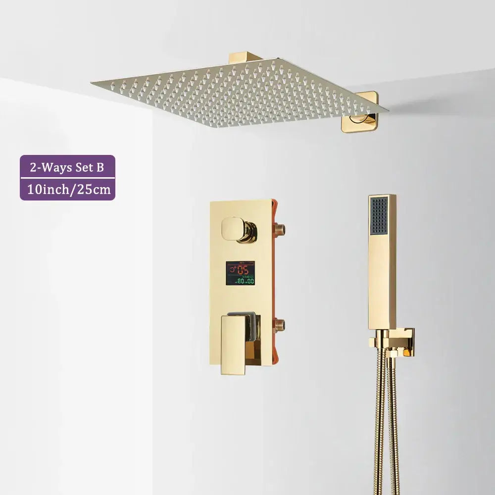 Modern gold and black shower faucet set with a gold-finished 10-inch square rain shower head for even water distribution