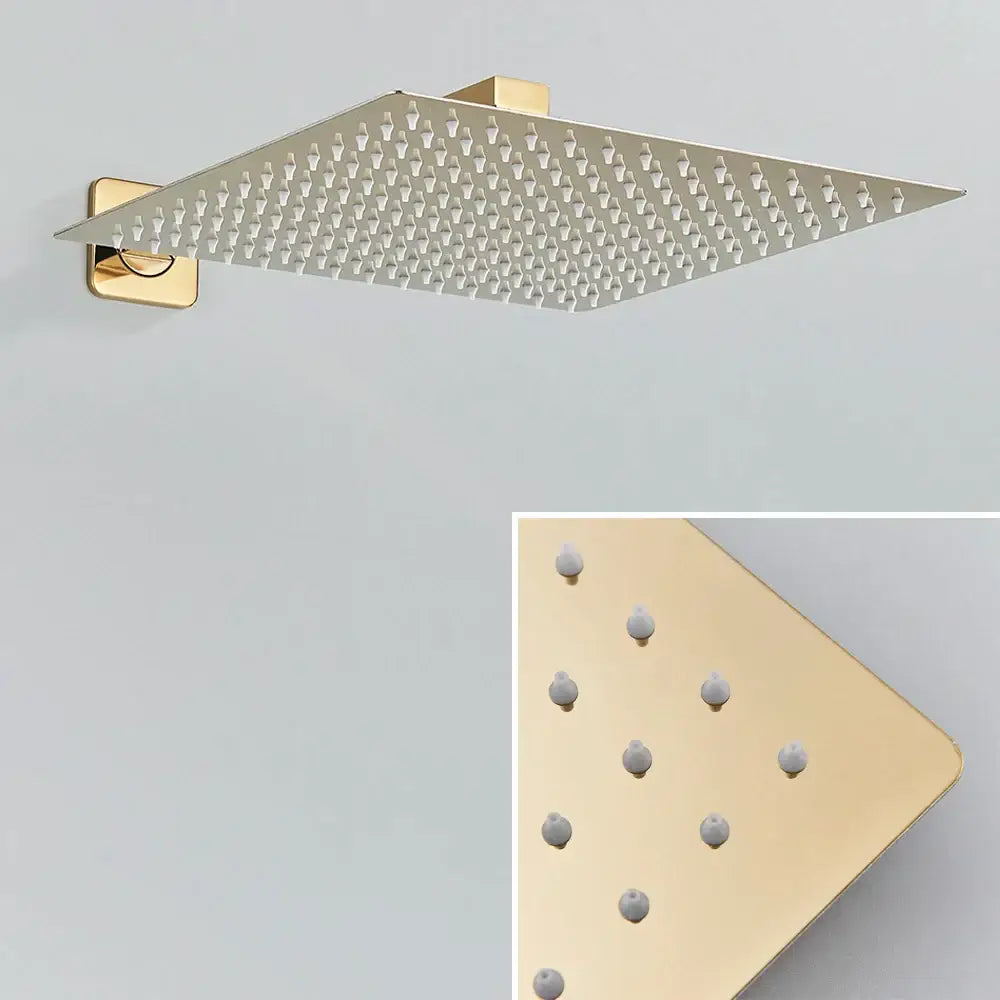 Modern gold and black shower faucet set featuring a gold-finished square rain showerhead with multiple water jets