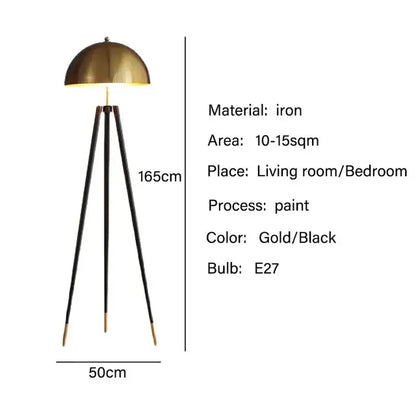 Modern gold and black iron tripod floor lamp with dome shade for living room decorbites coyote tripod design
