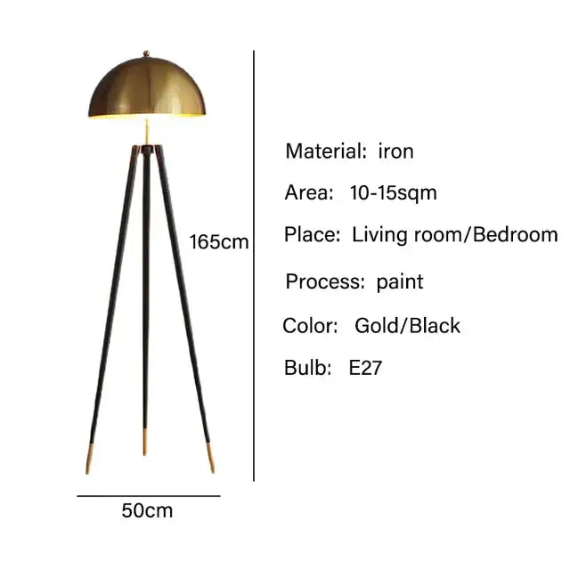 Modern gold and black iron tripod floor lamp with dome shade for living room decorbites coyote tripod design