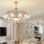 Modern gold and blue duplex ceramic crystal pendant lamp with crystal droplets for elegant living room lighting