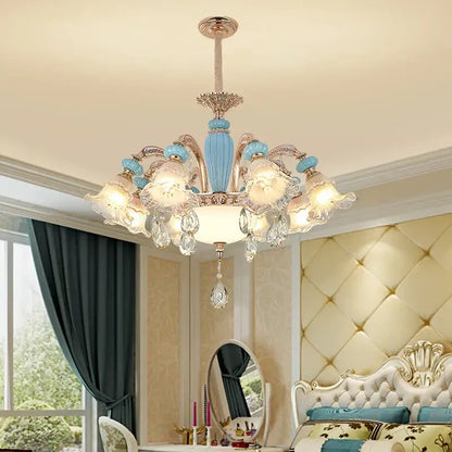 Modern gold and blue duplex ceramic crystal pendant lamp with light blue glass column and frosted glass lampshades for living room