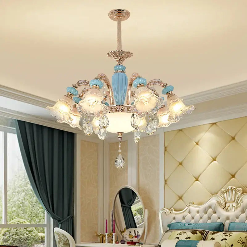 Modern gold and blue duplex ceramic crystal pendant lamp with light blue glass column and frosted glass lampshades for living room