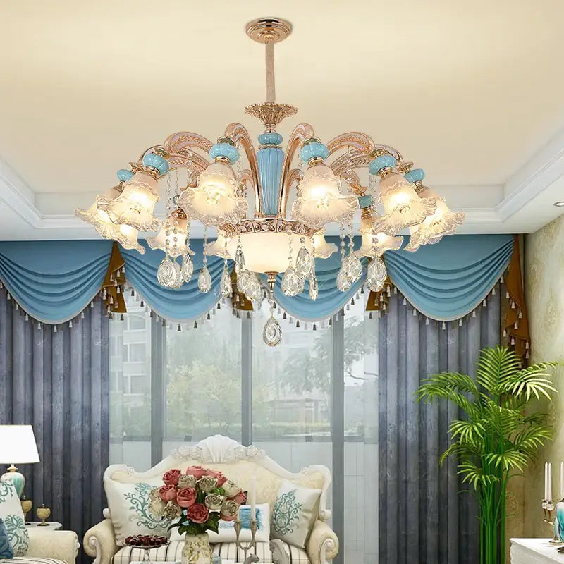 Modern gold and blue duplex ceramic crystal pendant lamp with metal frame and crystal droplets for living room lighting