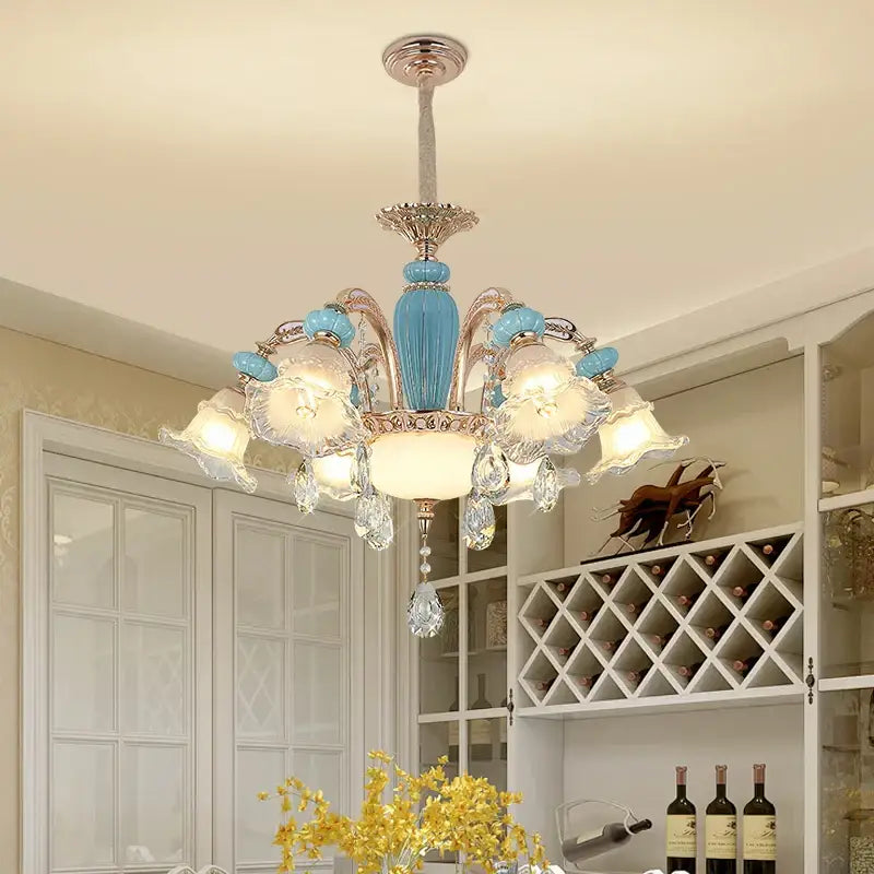 Modern gold and blue duplex ceramic crystal pendant lamp featuring a blue clear glass chandelier with crystal droplets