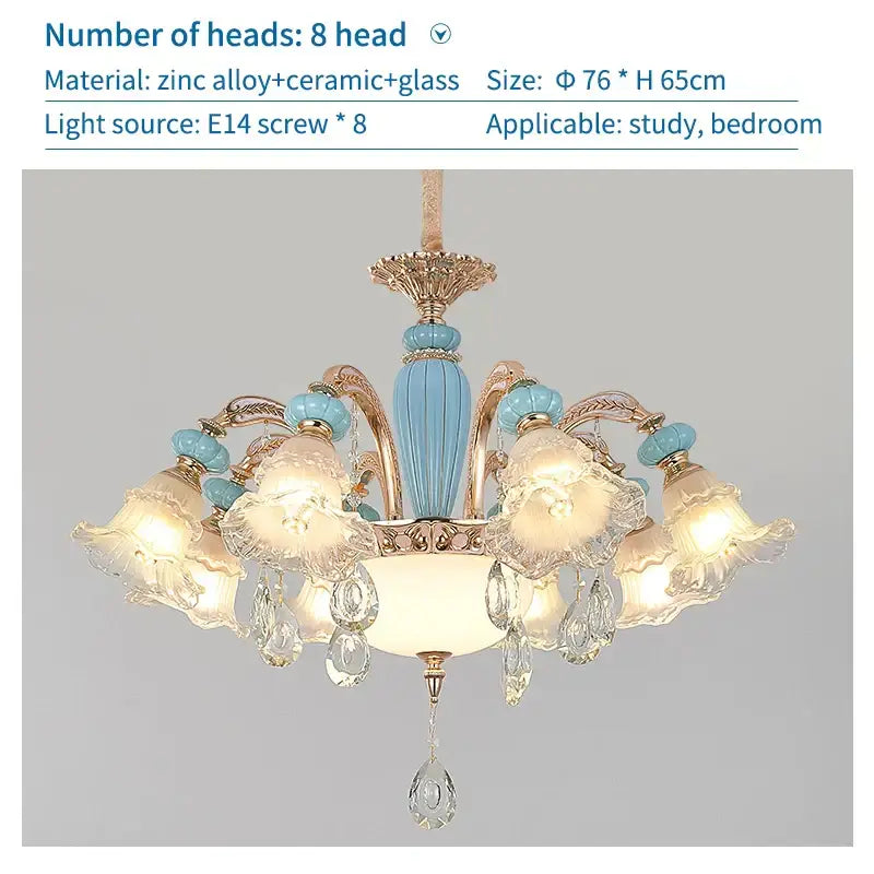 Elegant modern gold and blue duplex ceramic crystal pendant lamp with crystal droplets for living room lighting