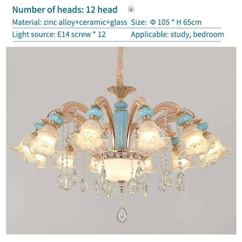 Modern gold and blue duplex ceramic crystal pendant lamp with twelve light heads and decorative crystal droplets