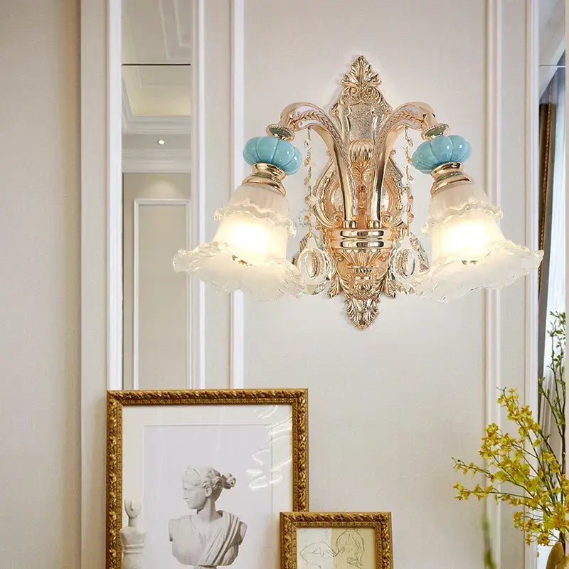 Ornate gold-toned wall sconce with two frosted glass shades and turquoise ceramic accents for modern ceramic crystal pendant lamp