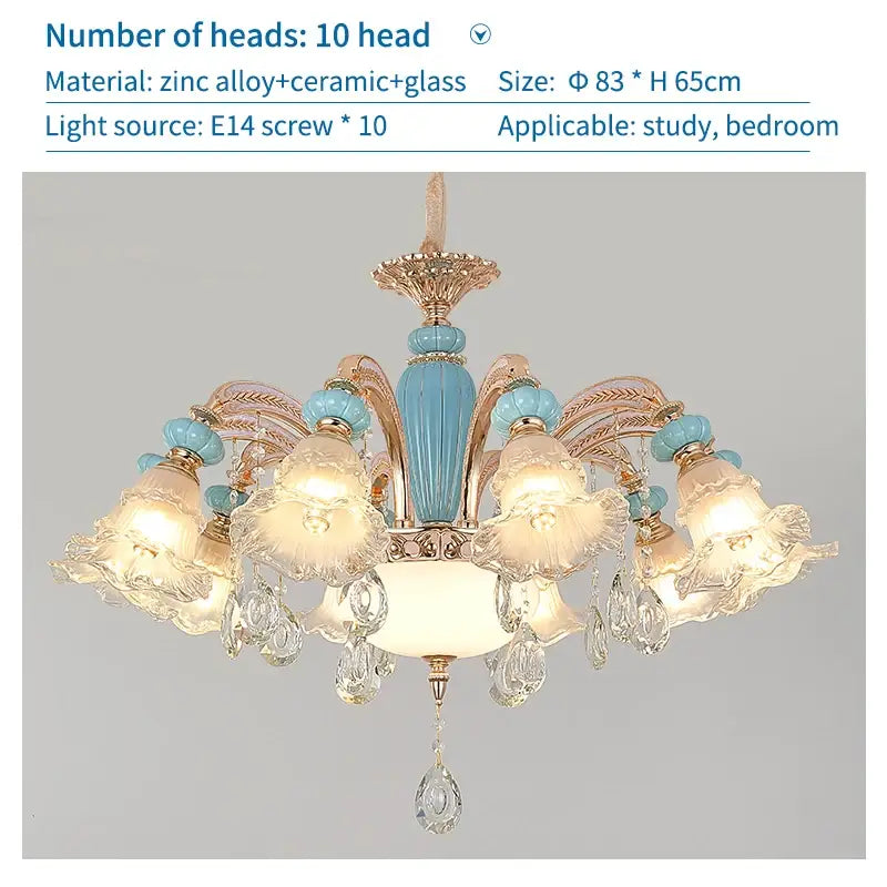 Elegant blue and gold duplex ceramic crystal pendant lamp with crystal droplets for modern living room lighting