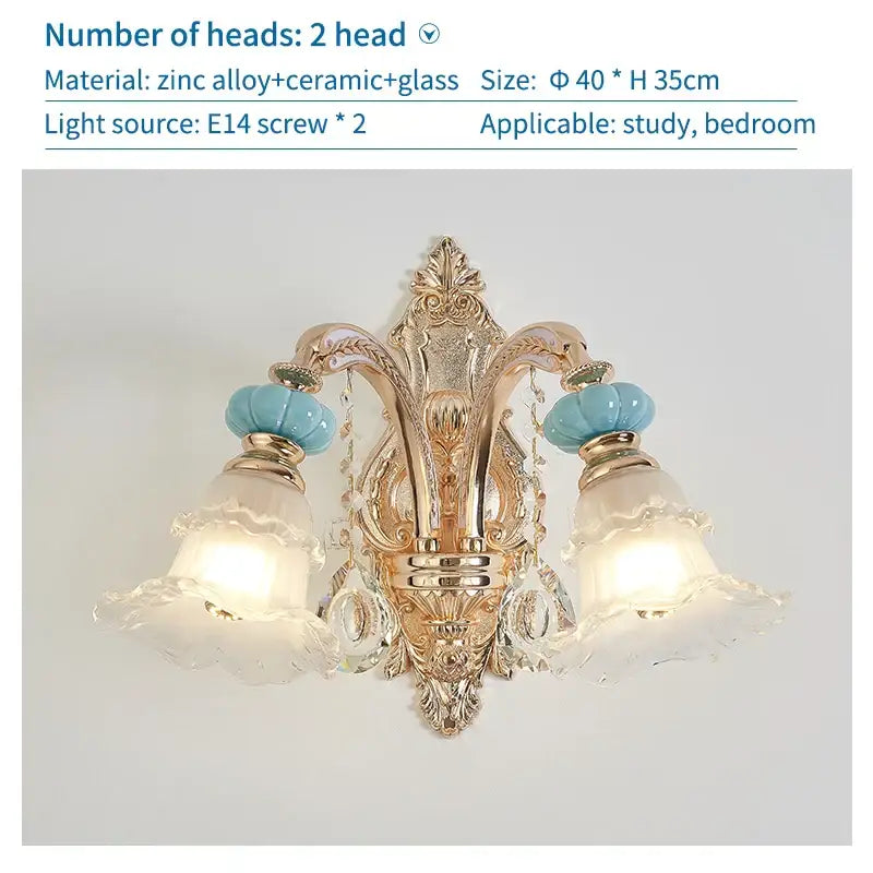 Ornate gold-toned duplex ceramic crystal pendant lamp with two frosted glass shades and turquoise ceramic beads for living room
