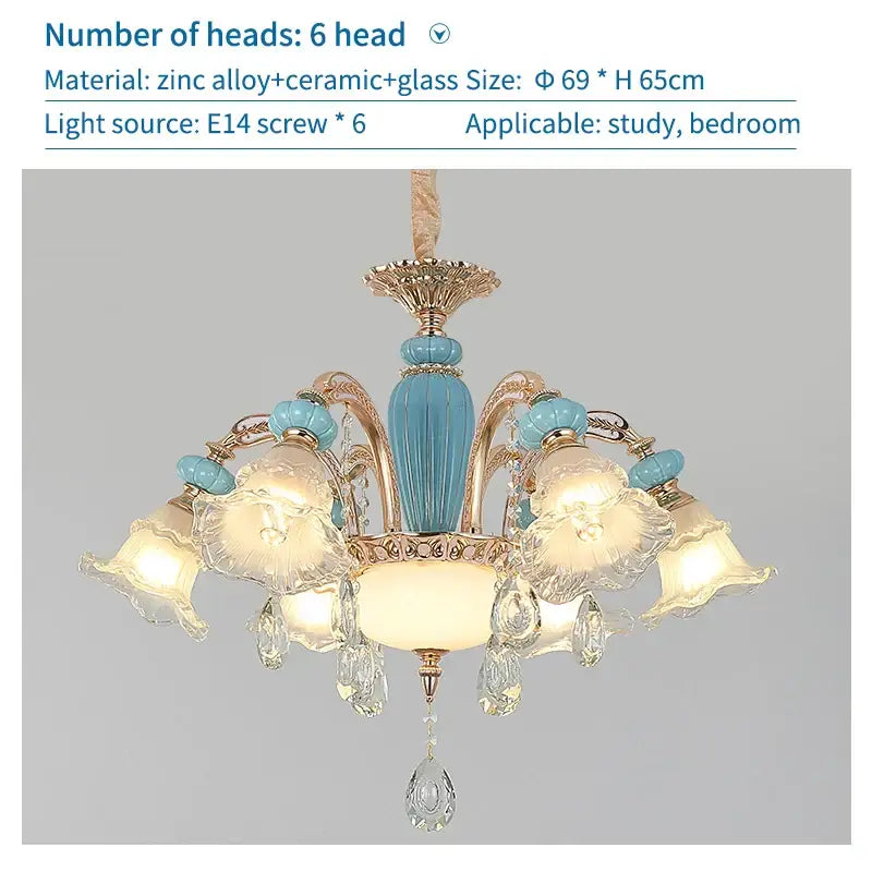 Modern gold and blue duplex ceramic crystal pendant lamp with six-arm gold-toned frame and turquoise ceramic accents