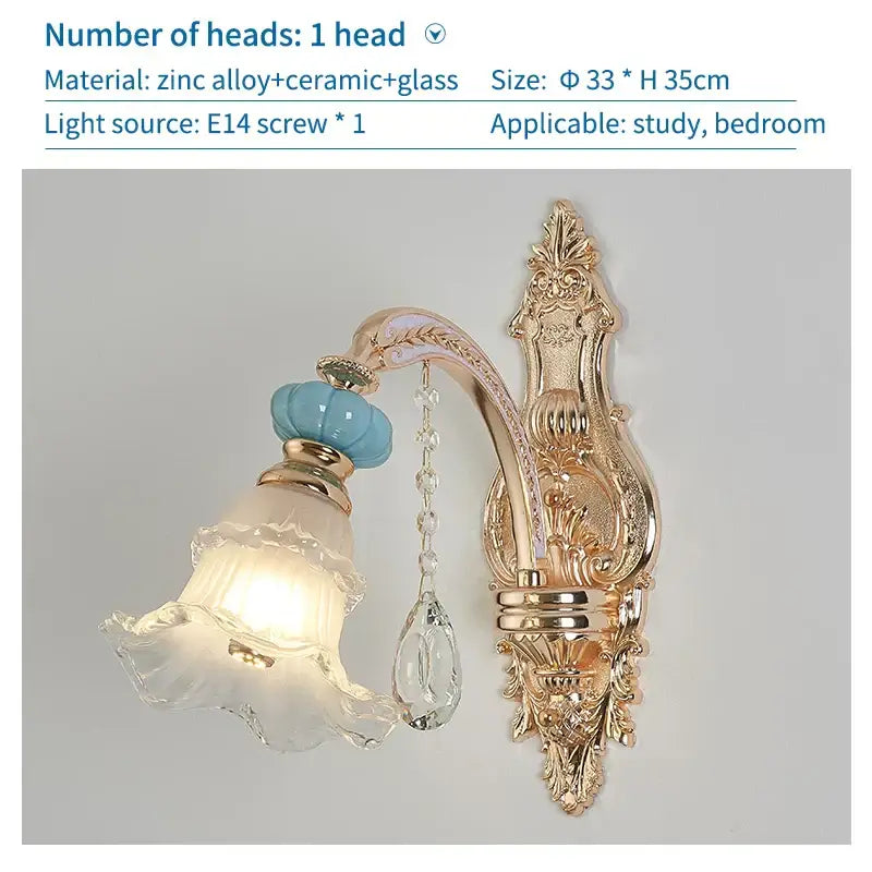 Modern gold and blue duplex ceramic crystal pendant lamp with ornate wall sconce and frosted glass bell-shaped shade