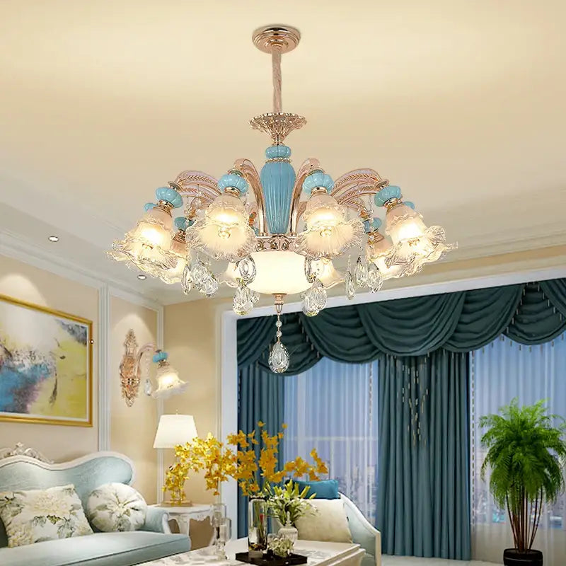Modern gold and blue duplex ceramic crystal pendant lamp with ornate metalwork and frosted glass shades for living room