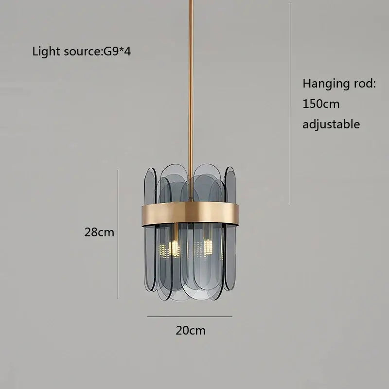 Modern gold and blue glass chandelier with brass frame and gray glass panels enhances dining experience lighting solution