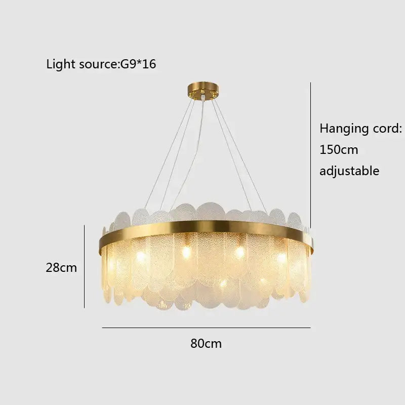 Modern gold and blue glass chandelier with frosted leaf-shaped shades offers a stylish lighting solution for dining experience