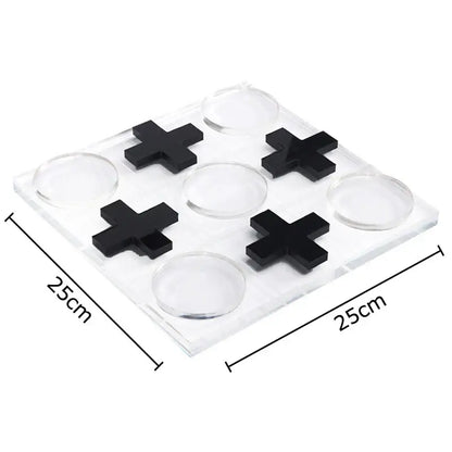 Modern gold and clear acrylic tic-tac-toe chessboard set with black cross pieces and transparent circular markers for decor