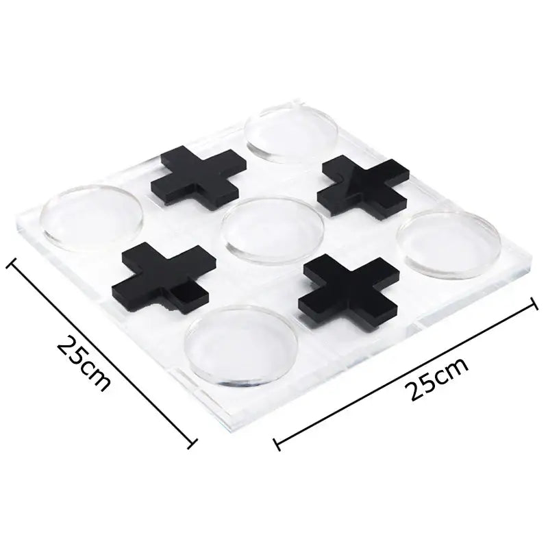 Modern gold and clear acrylic tic-tac-toe chessboard set with black cross pieces and transparent circular markers for decor