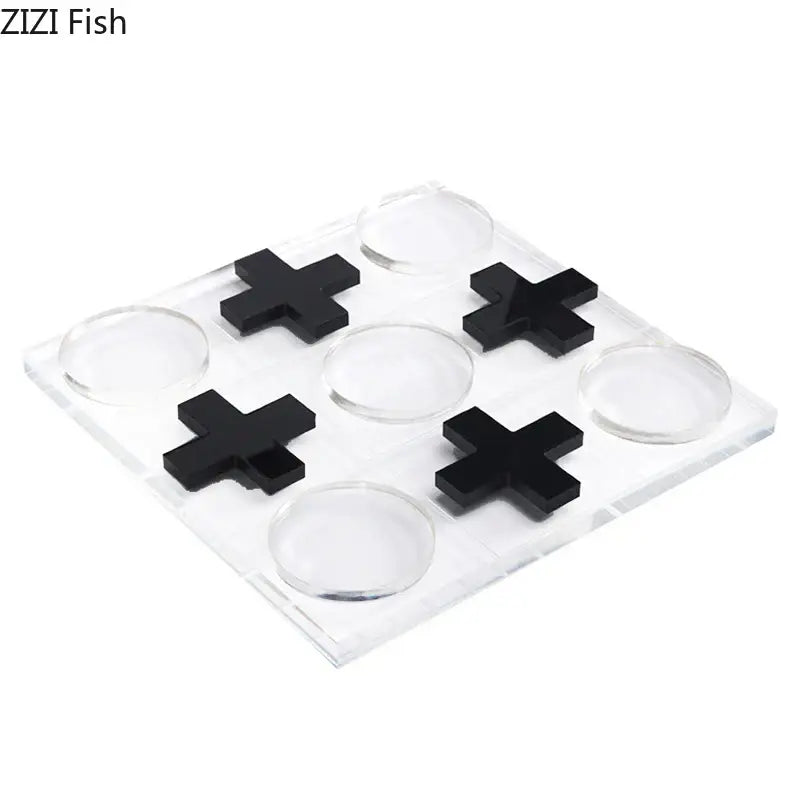 Modern gold and clear acrylic tic-tac-toe chessboard set with black cross and transparent circular markers for living room decor