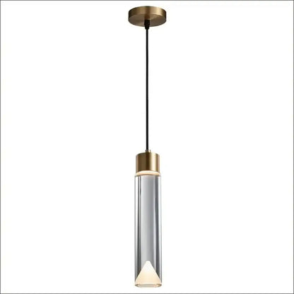 Modern gold and clear crystal copper pendant light with brass-finished top, clear glass body, and illuminated triangular bulb