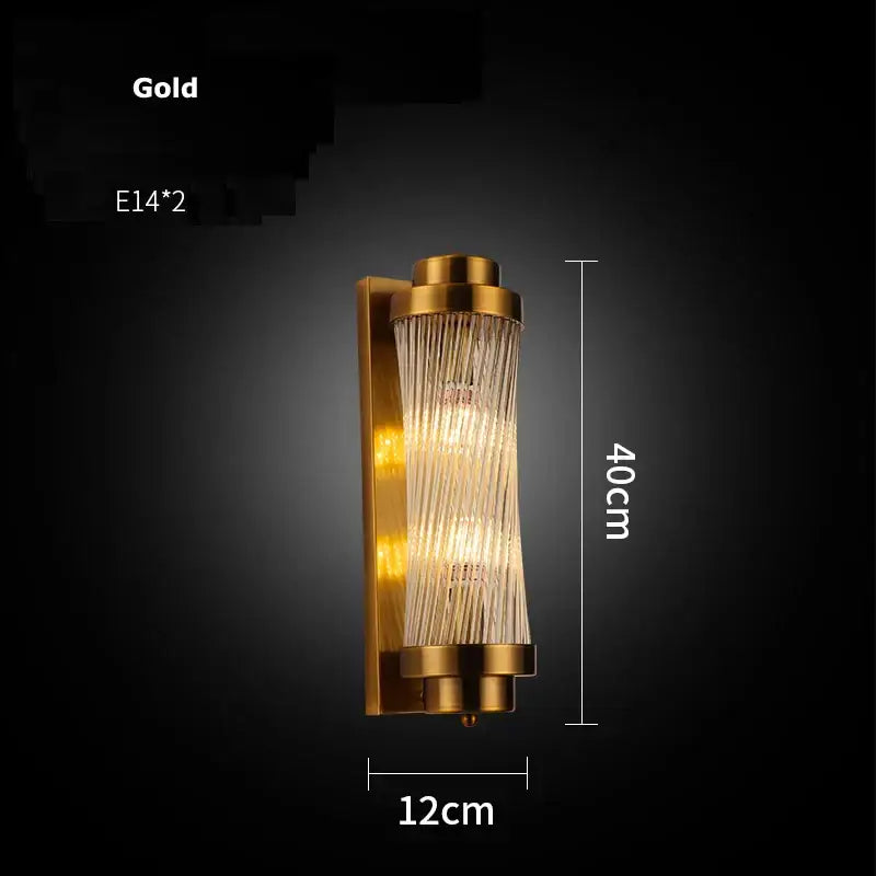 Modern gold wall sconce with cylindrical ridged glass shade and two e14 bulbs for decorbites crystal led wall lighting