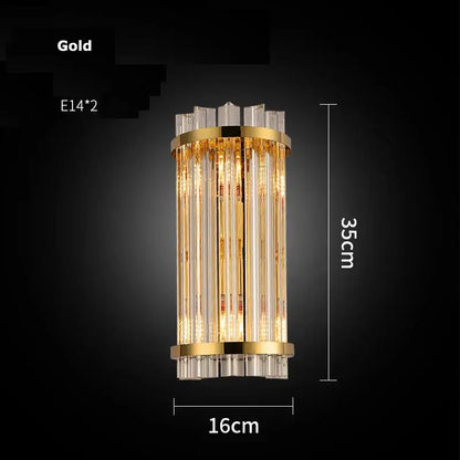 Modern gold and clear crystal led wall sconce with vertical crystal rods for elegant bedroom lighting decorbites crystal led design