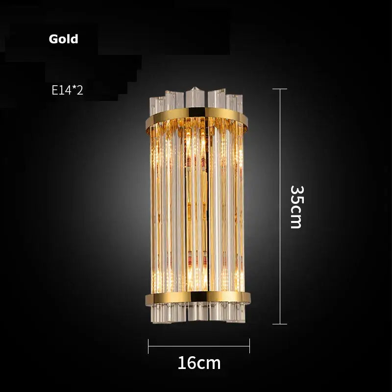 Modern gold and clear crystal led wall sconce with vertical crystal rods for elegant bedroom lighting decorbites crystal led design