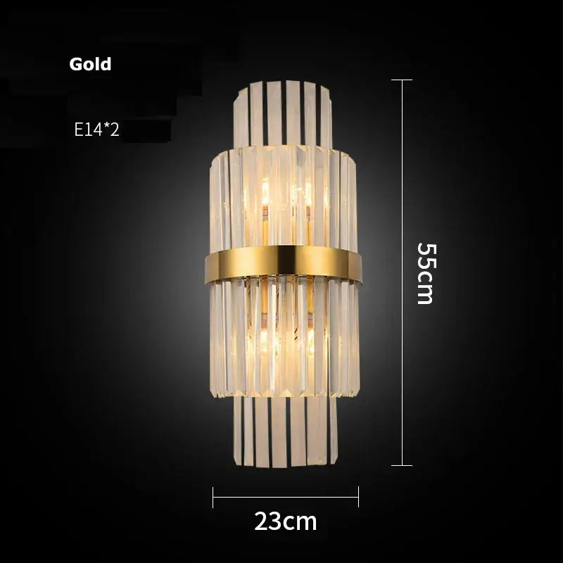 Modern gold wall sconce with tiered clear crystal rods and two e14 bulbs for decorbites crystal led wall lighting