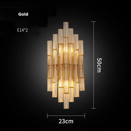 Modern gold and clear crystal led wall sconce with cascading translucent glass tubes for elegant bedroom decorbites crystal led lighting