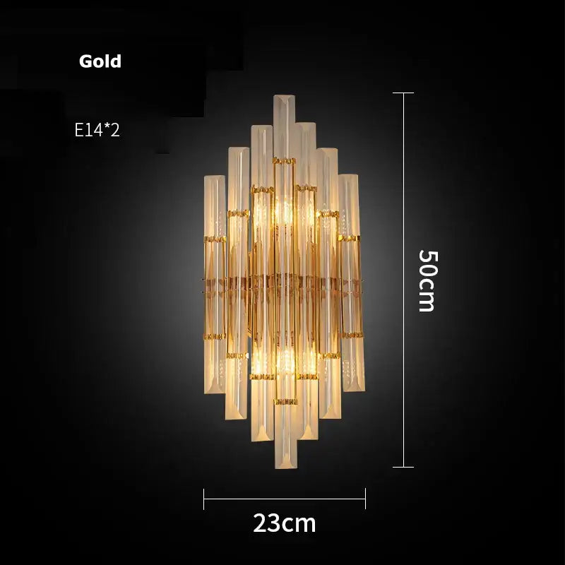 Modern gold and clear crystal led wall sconce with cascading translucent glass tubes for elegant bedroom decorbites crystal led lighting