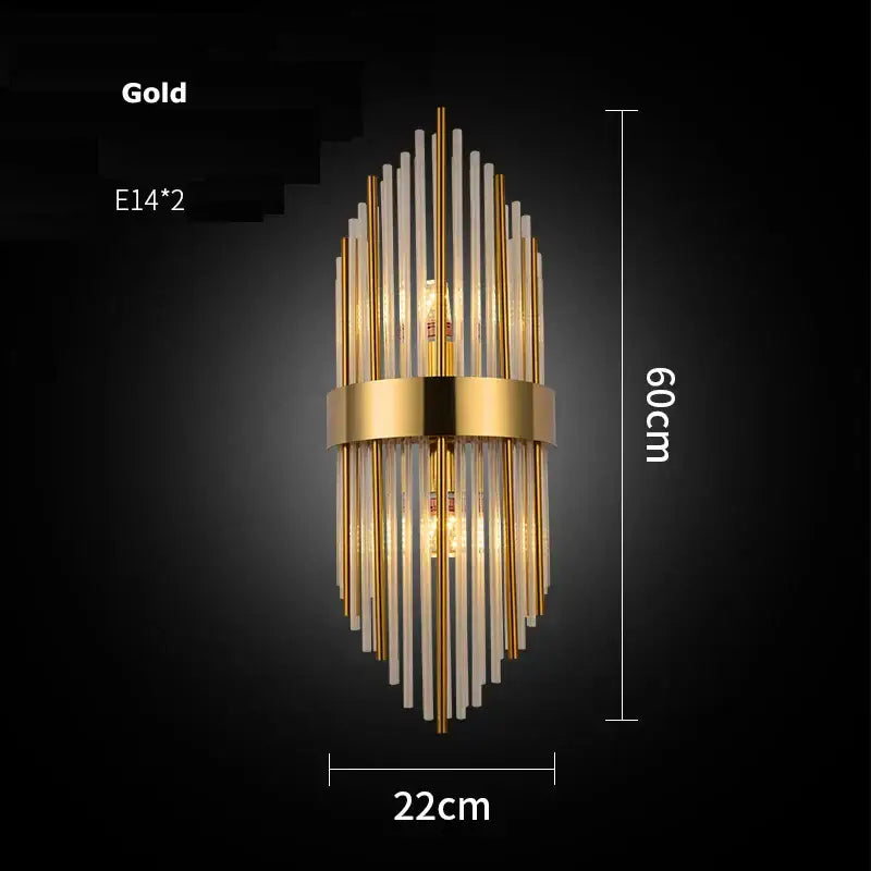 Modern gold and clear crystal led wall sconce with vertical glass rods and metallic band for bedroom decorbites crystal led