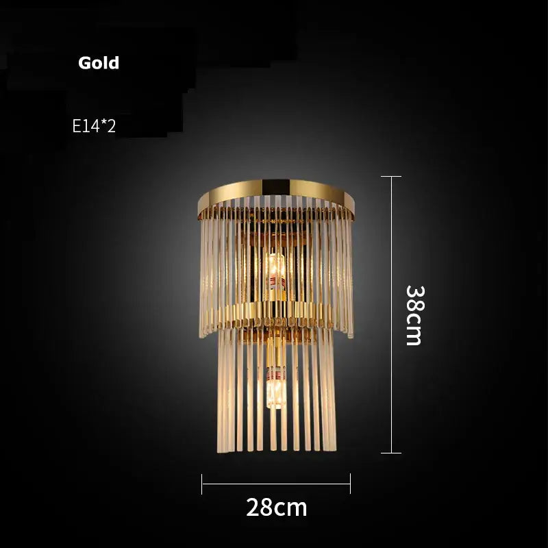 Modern gold and clear crystal led wall sconce with cascading glass rods and two e14 bulbs for elegant bedroom decorbites crystal led lighting