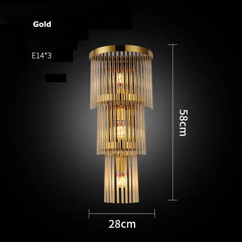 Modern gold and clear crystal led wall sconce with cascading crystal rods and three e14 bulbs for bedroom decorbites crystal led