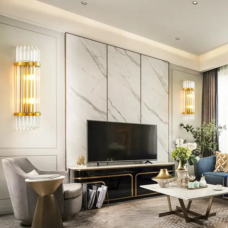 Modern gold and clear glass led wall lamps with crystal sconce and vertical glass tubes for warm bedroom lighting